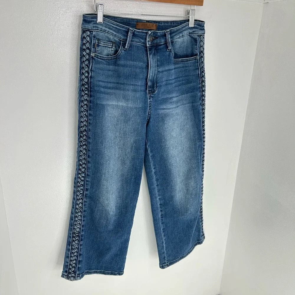 Judy Blue Wide Leg Crop Jeans Women’s 7/28 Medium Wash Braided Side 30x23.5 - Picture 3 of 14